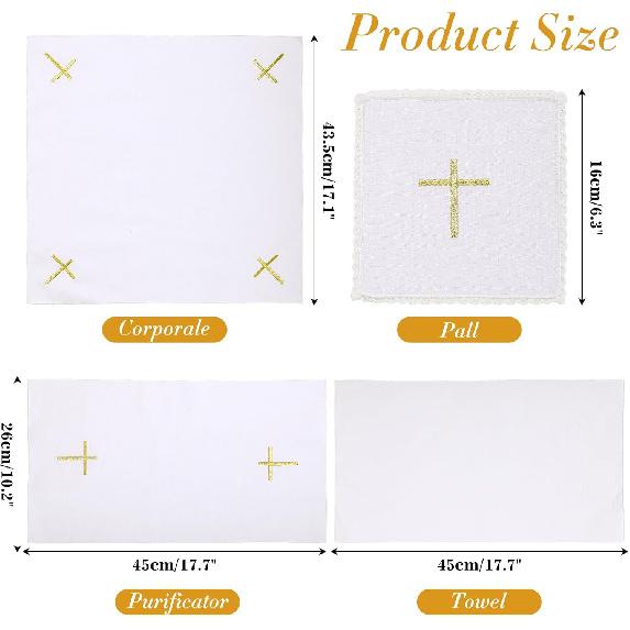 4 шт. Литургические принадлежности Льняной Корпорал для Церквей Наборы (Поддон,Капрал,Очиститель,Полотенце) Белая льняная алтарная скатерть с вышивкой золотого креста, Наборы для мессы