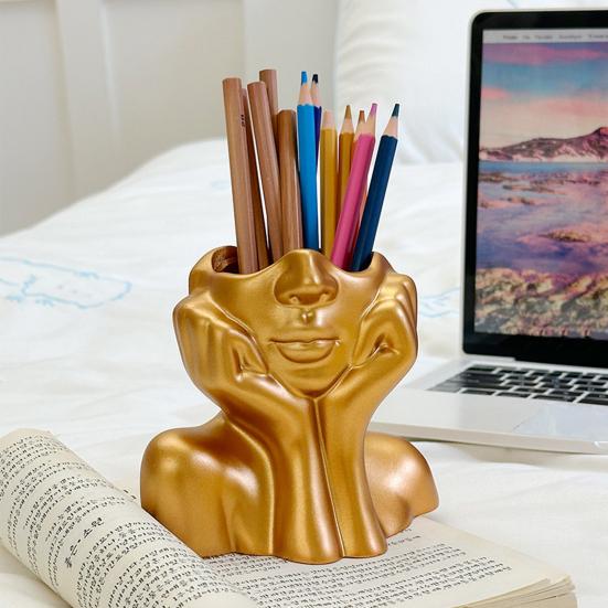 Abstract Face Design Pen Holder Creative Sculpture Large Capacity Desktop Organizer for Pens Erasers Crayons Markers Makeup Brush