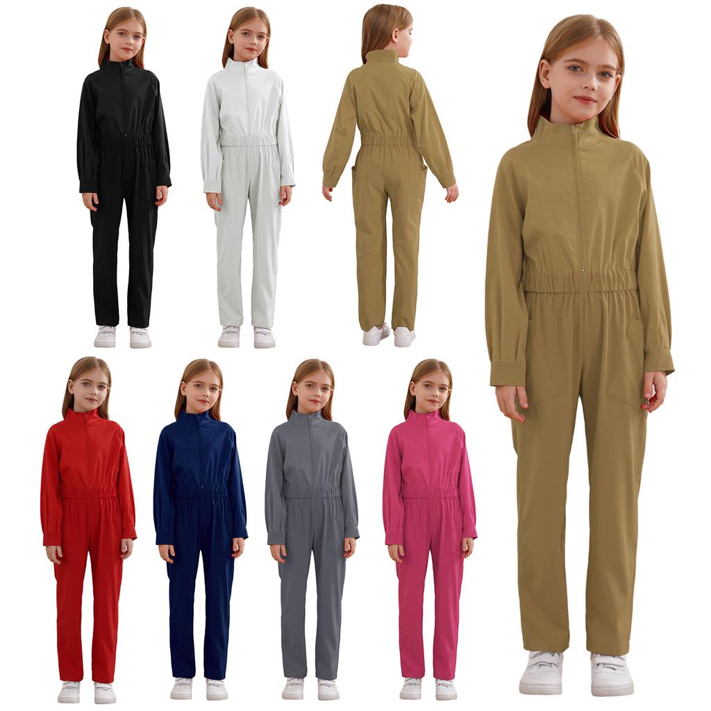 Girls Casual Jumpsuit Front Zipper Stand Collar Long Sleeve Elastic Waist Romper with Pockets