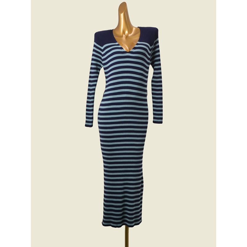 American Brand Fat Girl Stripe High Elastic Slim Fit Long Dress Foreign Trade Western Style V-neck Knitted Dress
