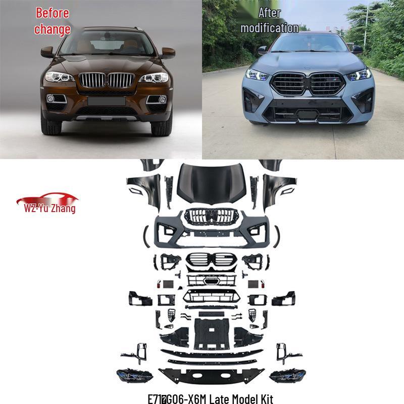 BMW E71 to G06-X6M Conversion Kit: Front/Rear Bumpers, Headlight Brackets, Fenders, and Engine Hood.
