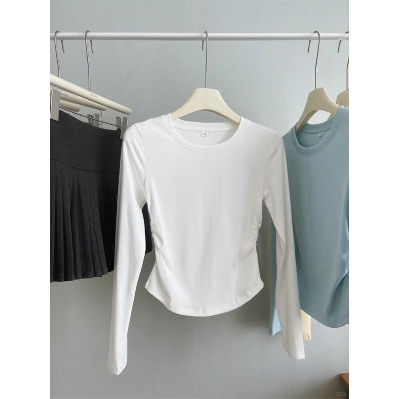 Card Waist Pleated White Long-sleeved Short Top Women's Autumn Small Hot Girl Slim-fitting Straight Shoulder Bottoming Shirt T-shirt