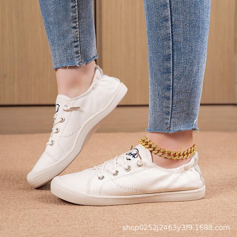 2025 New Large Size Women's Shoes Canvas Shoes Summer Thin Sports and Leisure Shoes Denim Flat White Shoes
