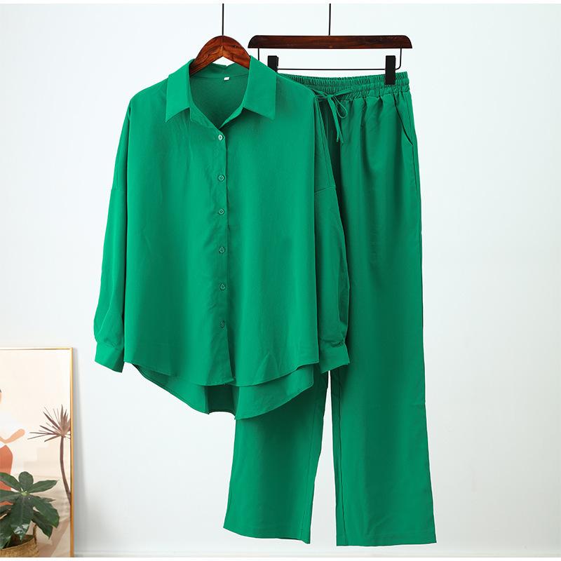 Women's Fashion Loose Elastic Wrinkled Long Sleeve Shirt Wide Leg Pants Casual Set 2-piece Set
