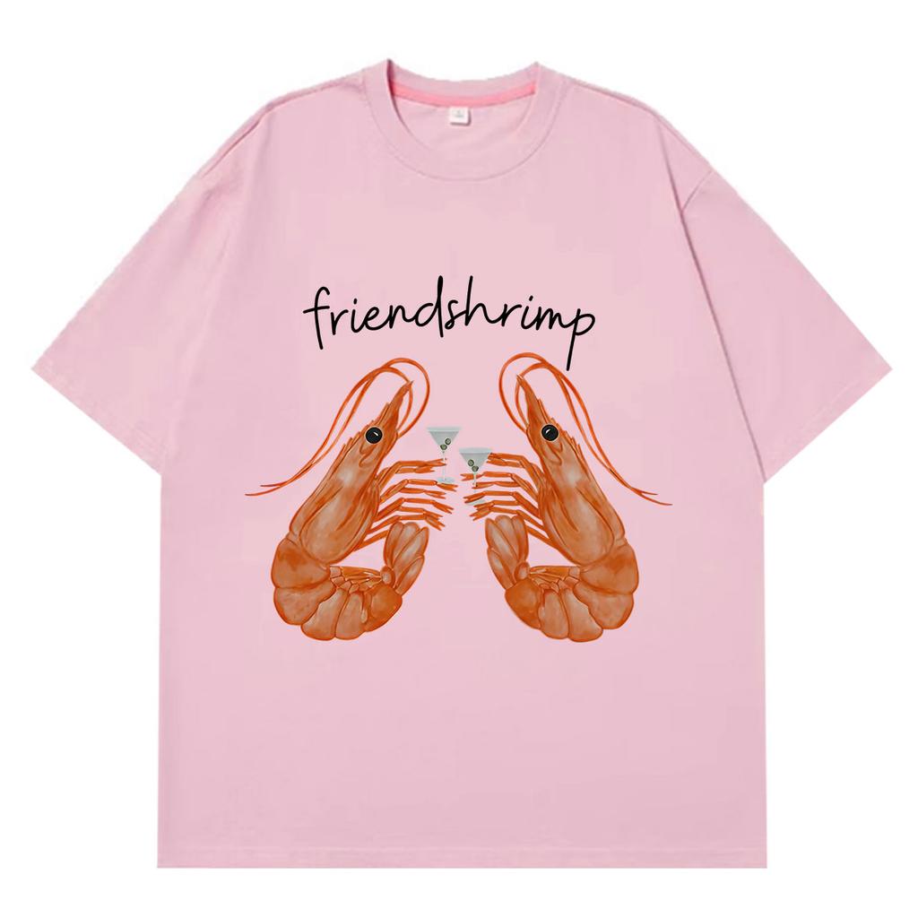 Cute Shrimp Holding Martini Cocktail Funny Friendshrimp Meme Tshirts Unisex Unisex Fashion Hiphop Loose Casual Cotton Tshirts