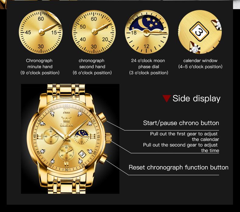 New Gold Watch OLEVS Quartz Watch for Men Chronograph Stainless Steel Luminous Waterproof Wristwatch Business Men's Watches