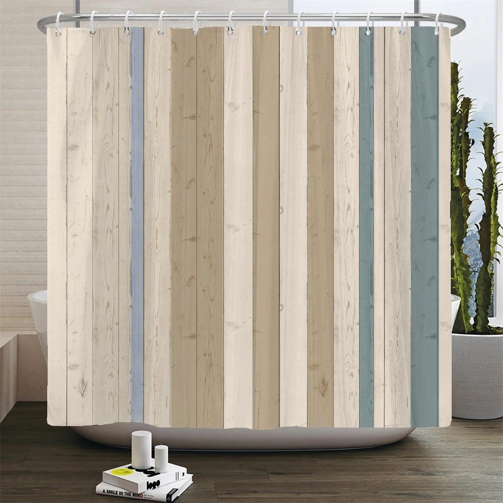 Деревенская шторка для душа Винтажные вертикальные деревянные доски Потертый деревенский дизайн из твердых пород дерева Тканевая шторка для ванной комнаты с крючками