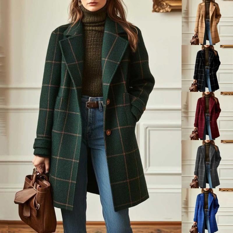 Womens Vintage Plaid Mid-Length Collared Coat Casual Winter Outerwear
