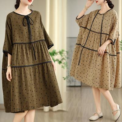 Платье-блузка изо льна большого размера для женщин 2025 с принтом Новый летний стиль Рубашка с круглым вырезом Свободная Новинка