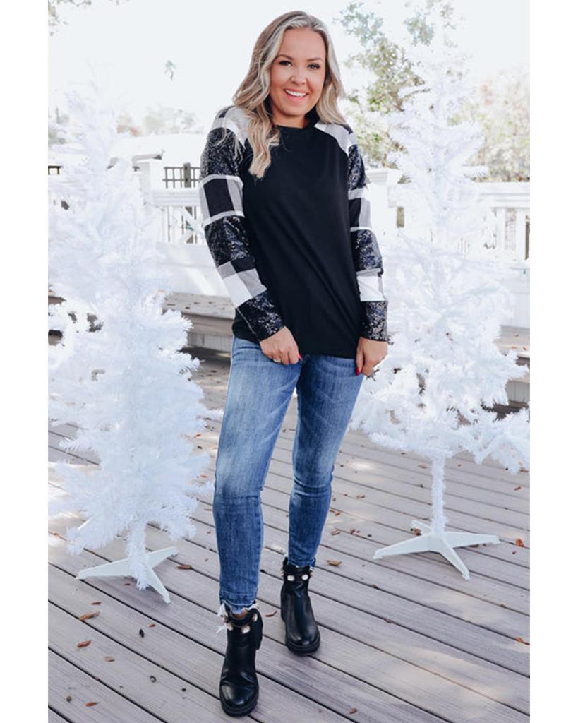 Azura Exchange Black Sequin Plaid Patchwork Raglan Sleeve Top