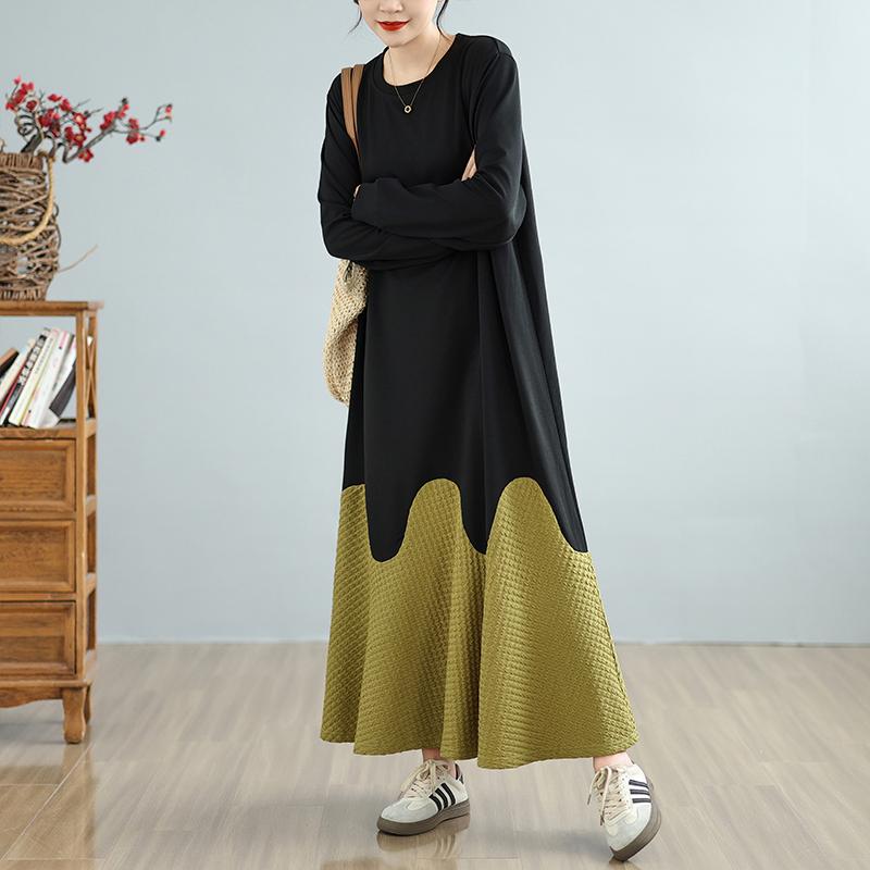 DIMANAF Женское 2025 Весна Большой Размер Повседневное Платье Базовое Свободное Винтажное Длинное Платье Макси Длинный Рукав Новое