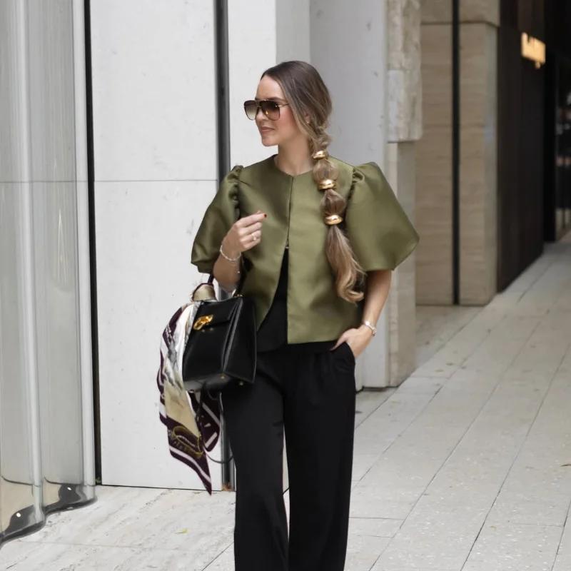 Women's Blouse Top with Puffe Sleeve Solid Satin Shirt New Spring Summer Female Sleeves O Neck Loose Short Shirt Female Blouses