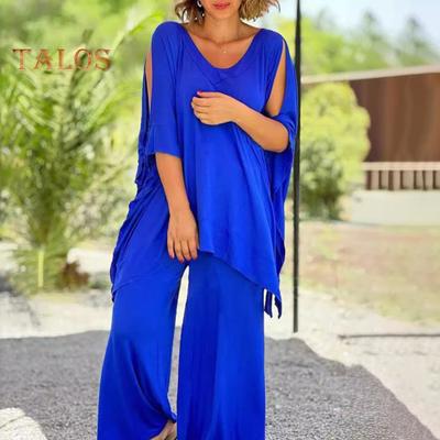 Женский свободный комплект из двух предметов в стиле бохо, повседневный свитер с коротким рукавом и широкими брюками, летние наряды свободного покроя