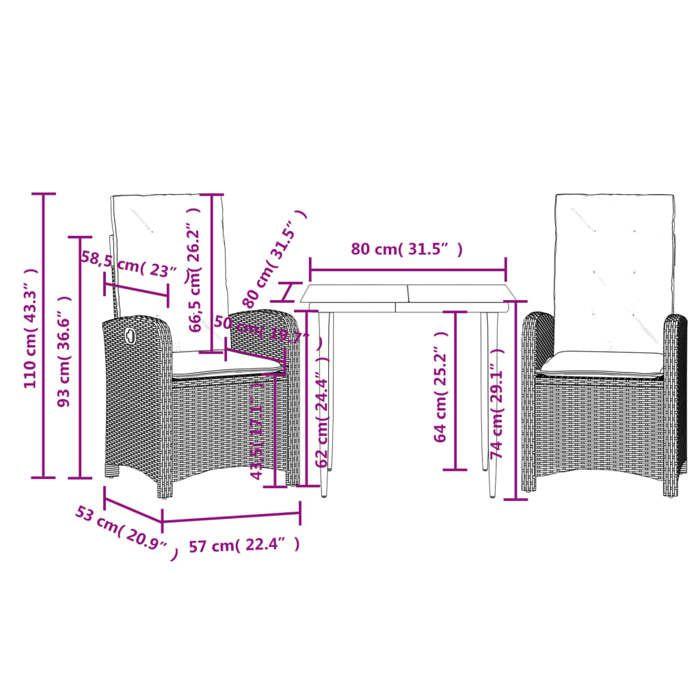 VidaXL Ensemble à Manger de Jardin avec Coussins 3 pcs, Table et Chaises avec Dossier Réglable, Meubles d'Extérieur Patio 3212350
