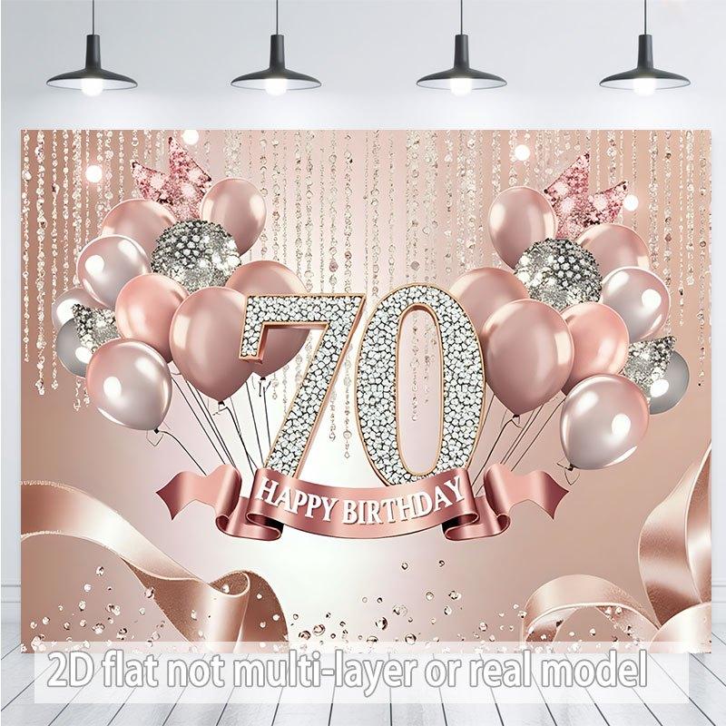 A single-color 2D flat banner with the shining "70" logo on it, along with rose gold and silver balloons