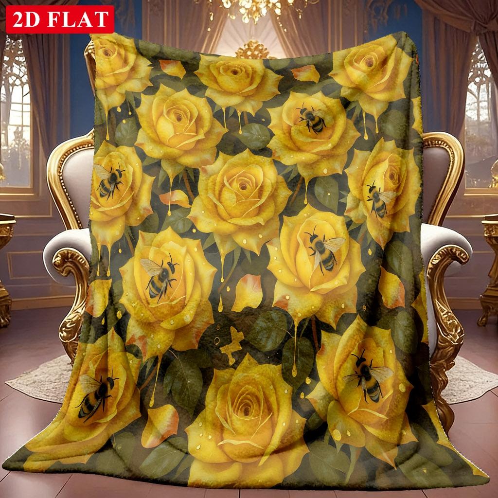 1pc 2D Yellow Rose And Bee Themed Flannel Blanket, Soft HD Digital Print Cooling Blanket All-Season Use! Soft And Breathable 100% Polyester Fiber, Ide