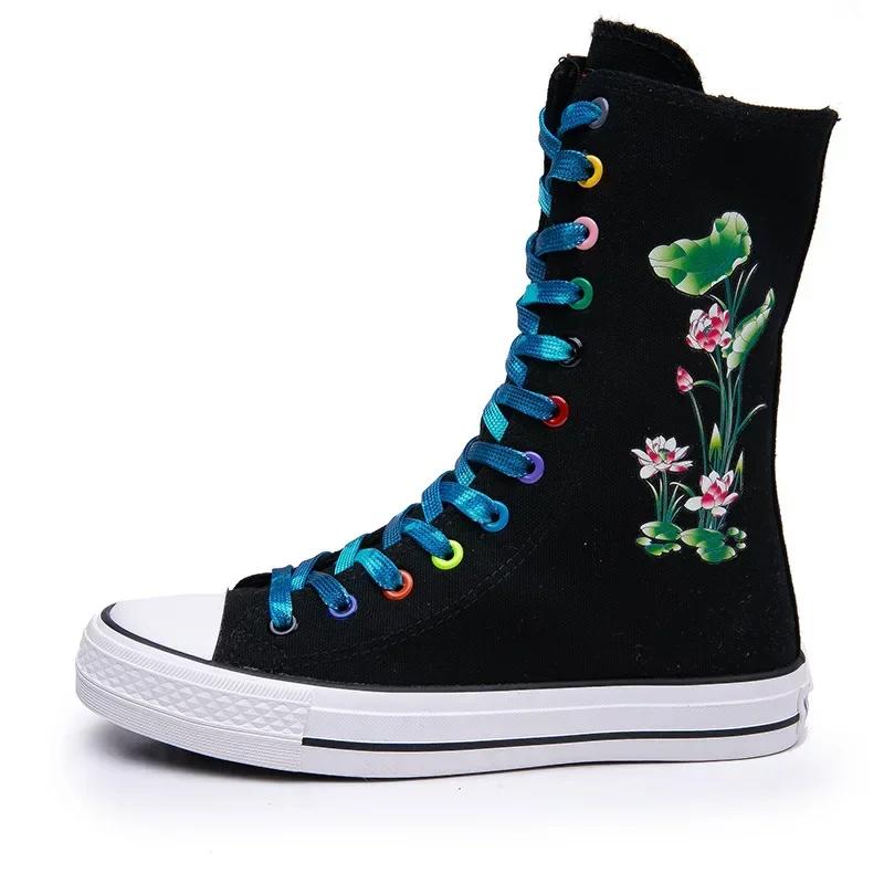 Мода 2024 года, новая весна-осень, женская обувь, повседневная обувь из парусины с высоким берцем, ботильоны, удобные ботинки на плоской подошве со шнуровкой и молнией, кроссовки 34-43