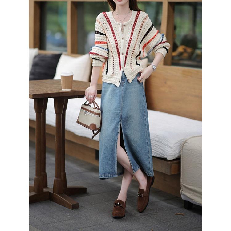 Autumn Women's Sweater Cardigan Loose Rainbowcolour Sweater Wear Hollow Crochet Long Sleeve Top