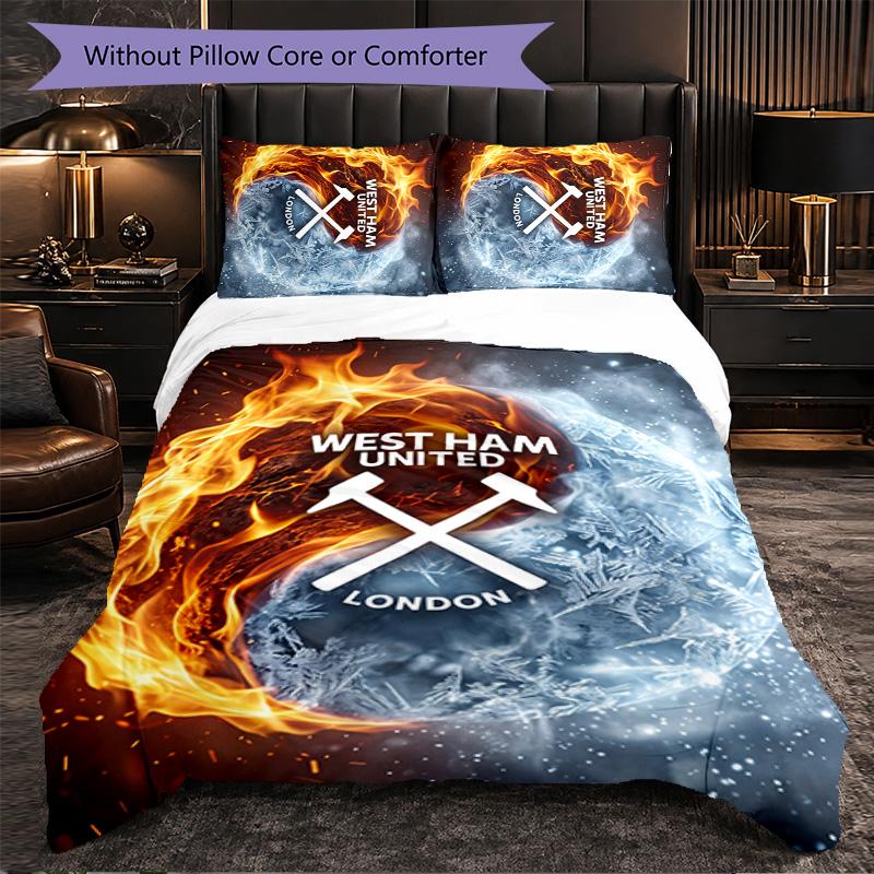 West Ham United Football 3 Piece Bedding Set Soft Duvet Cover Set with Pillowcases Printed Bedroom Decor Set for Home