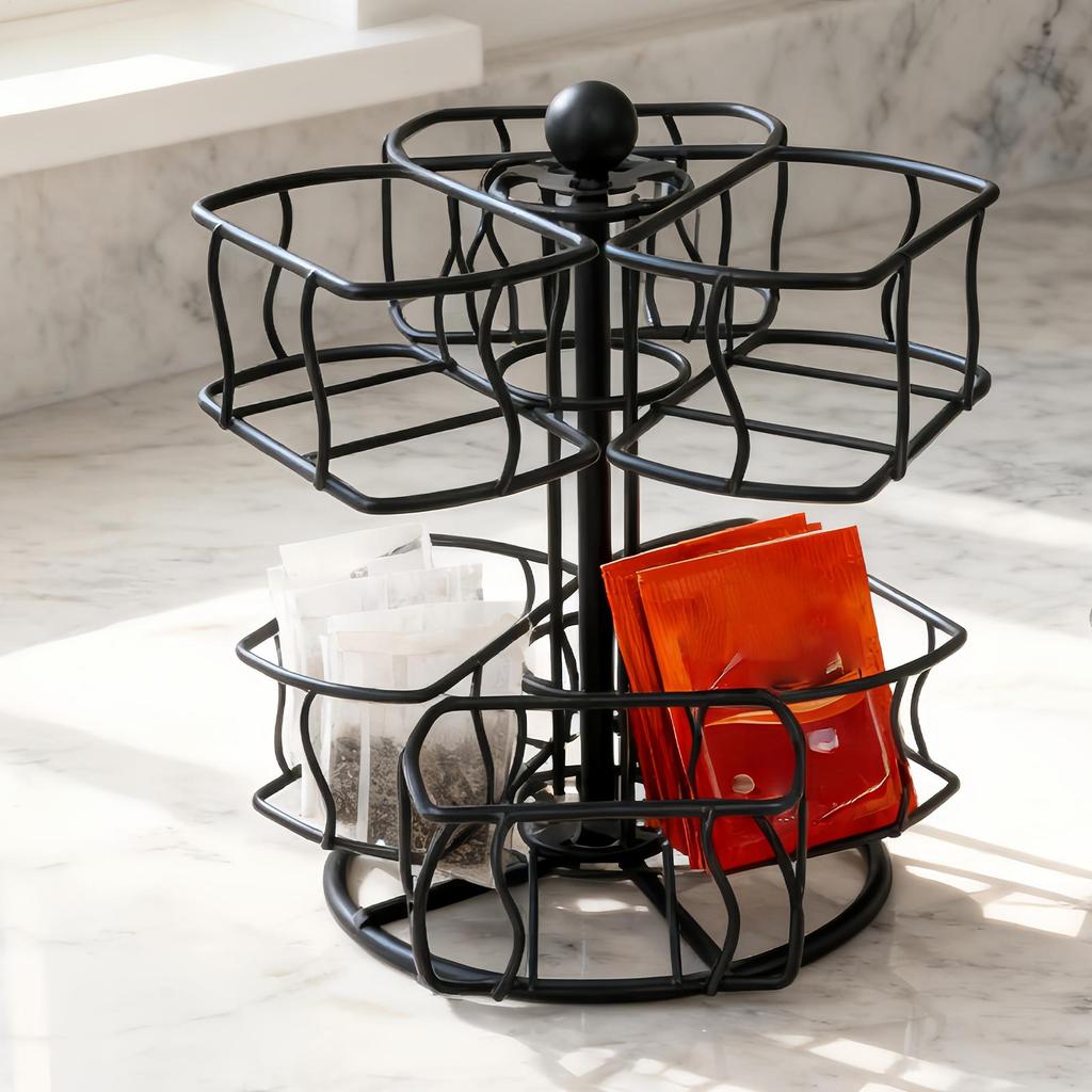 Tea Holder Organizer 2-Tier Rotating 6-Compartment Countertop Storage Creamer Sugar Teabag Basket Container for Home Office
