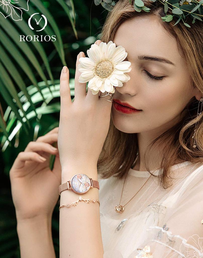 RORIOS популярные часы с цветочным циферблатом и уникальным кварцевым водонепроницаемым сетчатым браслетом, идеально подходящие для и на каждый день. Доступны в часах, женском механизме, браслете,