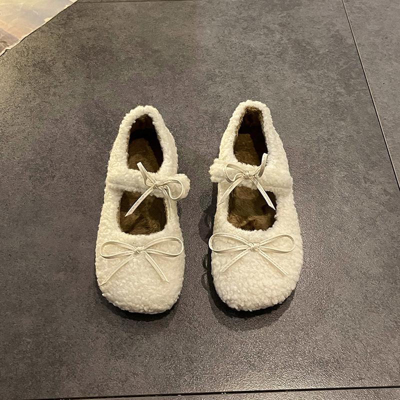 Fan Jieya flat-bottomed plush shoes for women to wear in winter, new bow Doudou single shoes in autumn and winter 2026