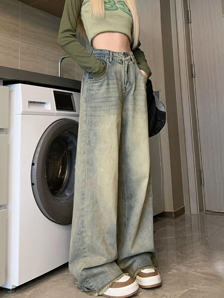 Y2K Vintage Streetwear Denim Trousers Woman Korean Fashion High Waist Straight Jeans Female Spring Elegant 2000s Casual Baggy Pants