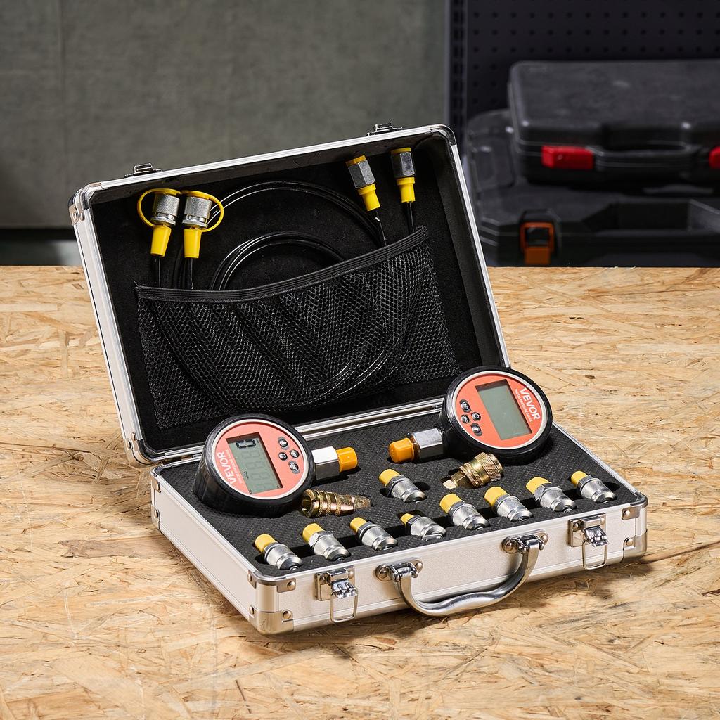 VEVOR Digital Hydraulic Pressure Test Coupling Kit, 700 Bar Pressure Gauge Manometer Tester with 2 Gauges, 9 Test Couplings, 2 Quick-Release Couplers
