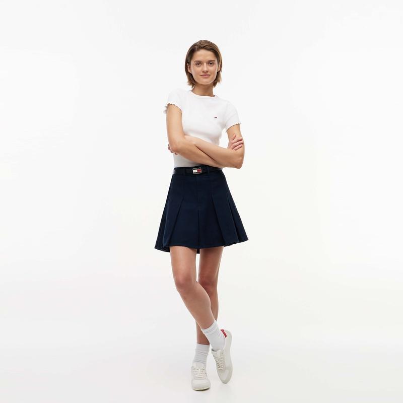 Tommy Hilfiger Хлопковый Микрофлис Модный Колледжный Стиль Высокая Талия А-силуэт Плиссированная Джинсовая Юбка Женские юбки DW0DW23149