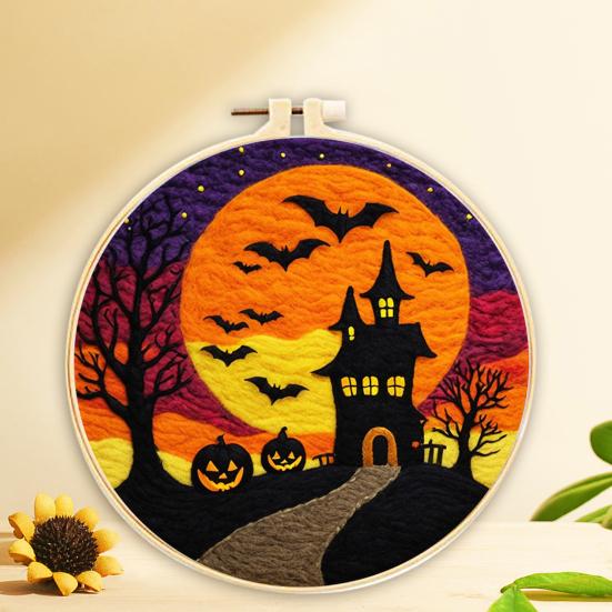 Halloween Needle Felting Kit Beginner Felt Craft Set DIY Felt Painting with Faux Wool Needle Frame Stamped Fabric for Adults Handcraft Lovers