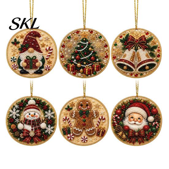 Christmas Door Wall Decor 6 Pcs Pearl Art Ornaments, 2D Flat Acrylic Holiday Tree Pendant, Santa Hanging Ornaments Effect Decoration for Home