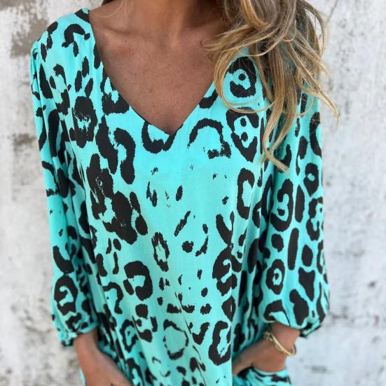 Женское платье с леопардовым принтом, V-образный вырез, длинный рукав, макси-платье, повседневный свободный крой