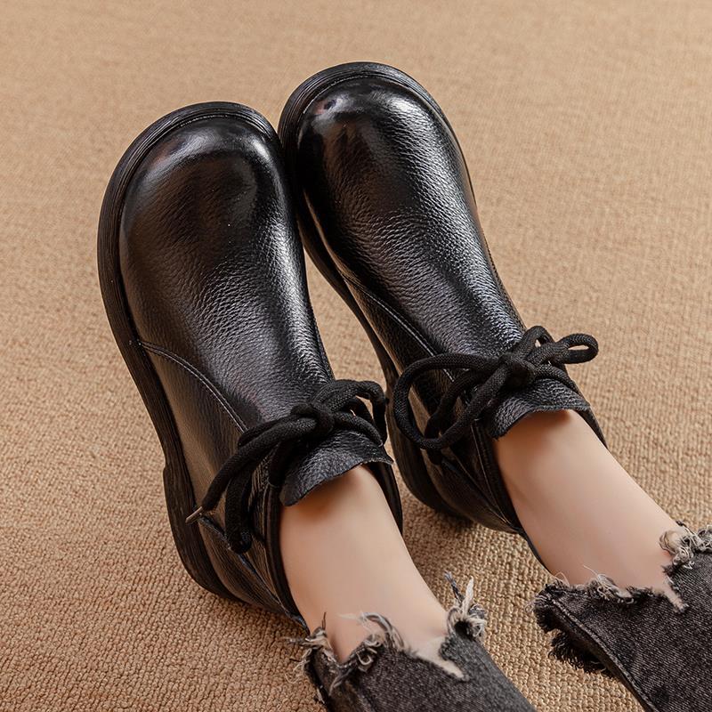 New First-layer Cowhide Martin Boots Women's Shoes Short Boots Warm Soft-soled Mother Shoes Velvet Lace-up Deep Mouth Fashion Casual