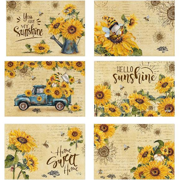 pinata Sunflower Linen Square Spring Placemats Set of 6, Sunflower Kitchen Decor, Vintage Spring Summer Sunshine Gnome Truck Table Mats for Farmhouse