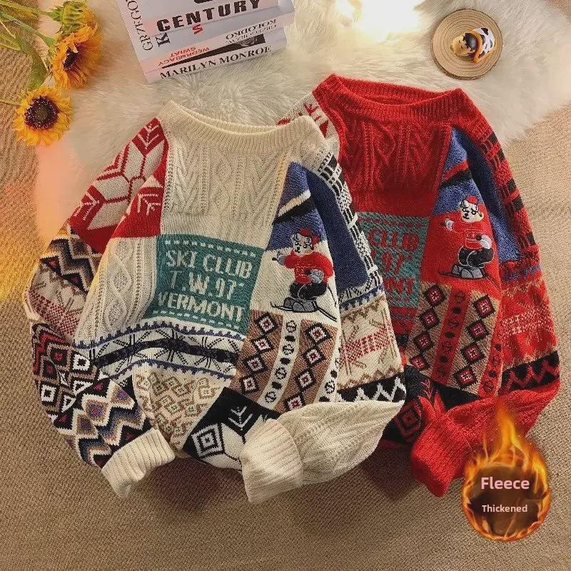 Men's Winter Retro Embroidered Bear Sweater: Loose, Warm, Plus Velvet Knitted Design for Couples