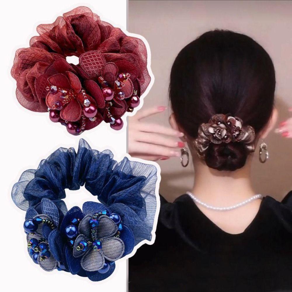 Резинки для волос со стразами и цветком, кружевные резинки для волос, элегантные эластичные резинки для волос для вечеринок, повседневного использования