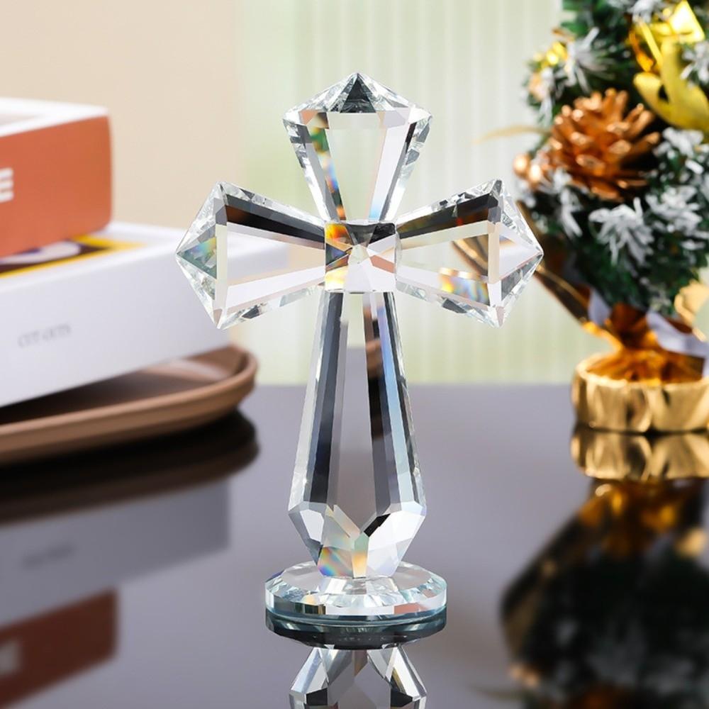 Hand-Carved Crystal Cross 360° Faceted Design Standing Ornament Spiritual Gift Christians AB Color Crystal Religious Figurine