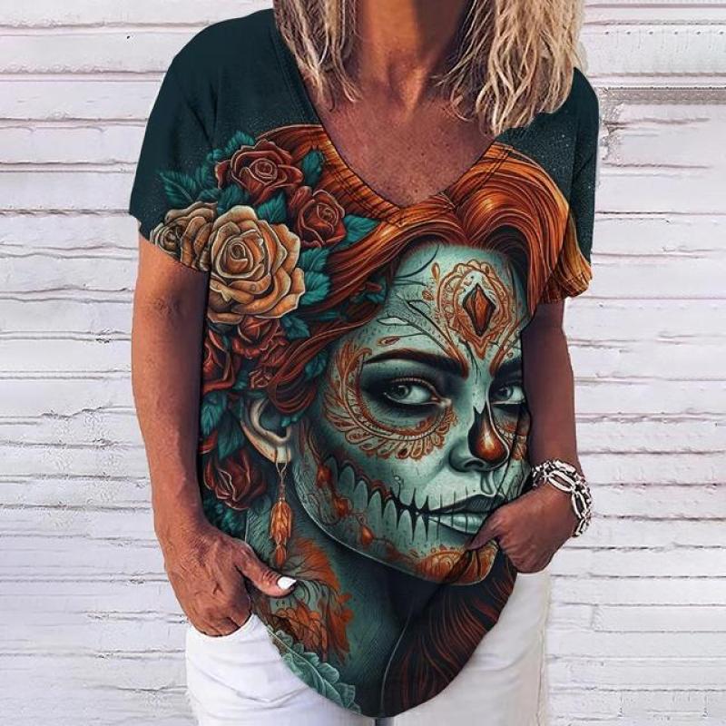 Лето 2023, новинка, женский топ с 3D принтом черепа ужасов и v-образным вырезом, футболка с короткими рукавами, повседневная забавная одежда Harajuku Y2K Day Of The Dead