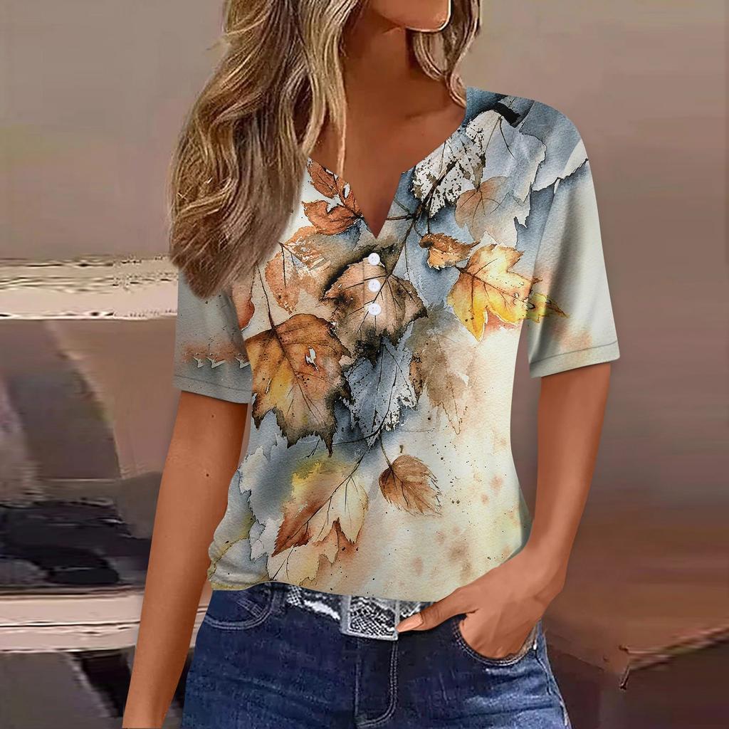 Women's T Shirt Tee Print Button Short Sleeve Daily Weekend Fashion Basic V- Neck Regular Top