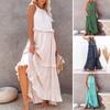 Women Vacation Dress Loose Pleated Neck Shoulder Sleeveless Halter Ruffle Off Patchwork A-line Side Pockets