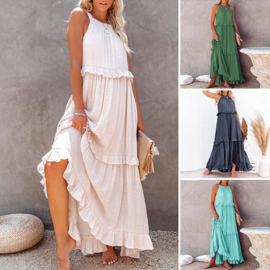 Женское платье для отпуска, свободное плиссированное платье с шеей и плечами, без рукавов, с рюшами и рюшами в стиле пэчворк, трапециевидной формы, боковые карманы