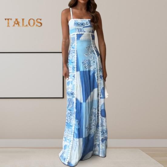 Women Vacation Dress Printed Patchwork Low-cut Square Neck Backless Sleeveless A-line Full Length Beach Maxi Dress Summer Strappy Dress