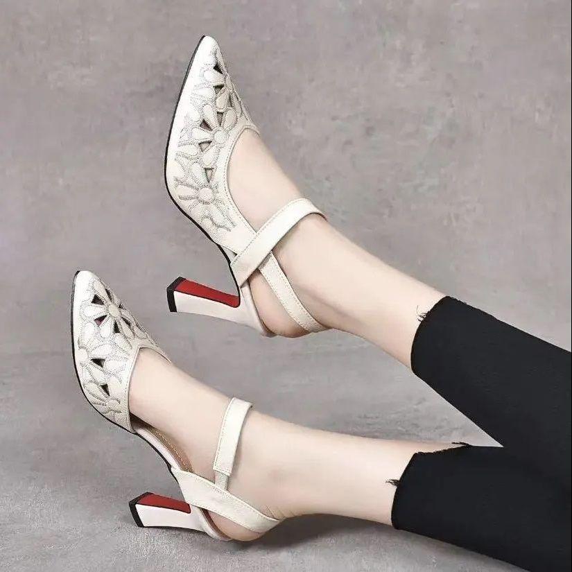 Fashion Red for Office Work Chunky Summer 2024 Pumps Thick Heel Heeled High Heels Footwear Ladies Shoes Block White Sandals Women H Sale