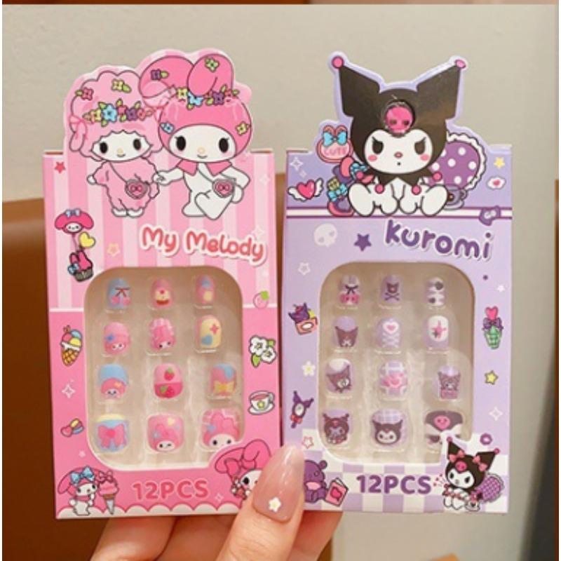 4Коробка(48pcs) Кавайные детские накладные ногти Милые короткие Дизайн Куроми Полное покрытие Наконечник для ногтя Съемный накладной ноготь Для детей