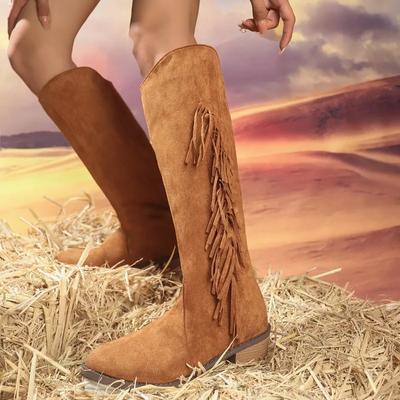 Модная женская обувь 2024 Горячая распродажа Женские ботфорты Модные ботинки с кисточками Современные ботинки Женские Высокое качество Слипоны Однотонная обувь для женщин