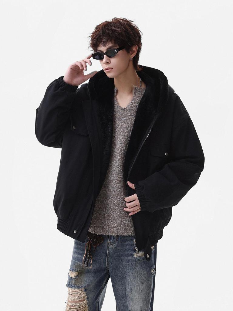 Zuoshan Diao Men's Hooded Cotton Jacket: Winter Velvet, Thick, Loose Fit, Youthful Trendy American Workwear Style.