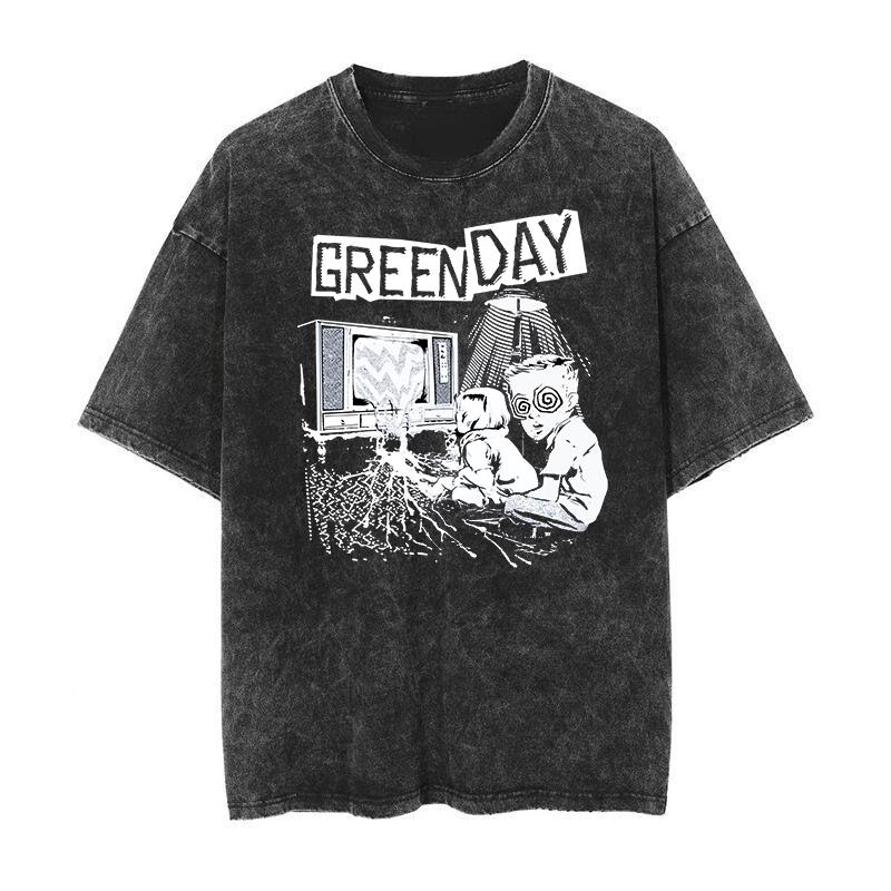 Green Day Punk Band Washed Cotton T-shirt Unisex Men Women Short Sleeve Top Fashion Brand Summer Vintage Tee