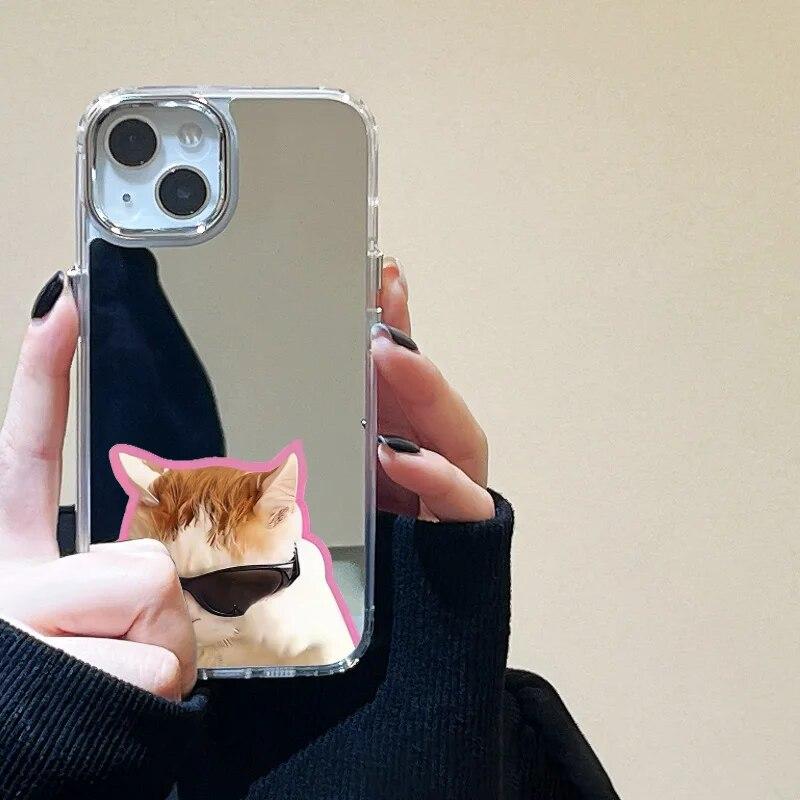 Korean Cute Cartoon Cat Mirror Phone Case For iPhone 15 Pro Case iPhone 14 11 12 13 Pro Max X XS XR Shockproof Love Heart Cover