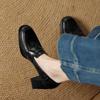 New Four-season Wear Women's Small Leather Shoes Comfortable Large Size Single Shoes Women's Black High Heels Leather Square Heel Thick Sole Non-slip