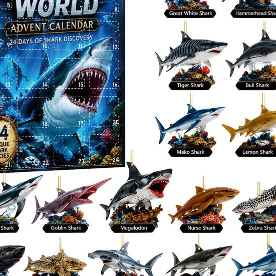 Christmas Advent Calendar Ocean Animal Calendar,24Pcs Acrylic 2D Ornament Set with Turtle Penguin Shell Fish Decor Sea Turtle/Shell/Fish/Penguin/Shark